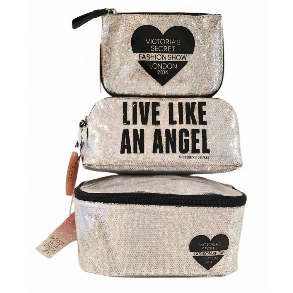 3pc VICTORIA SECRET MAKEUP TRAIN CASE cosmetic bag LIKE AN ANGEL pencil case NEW